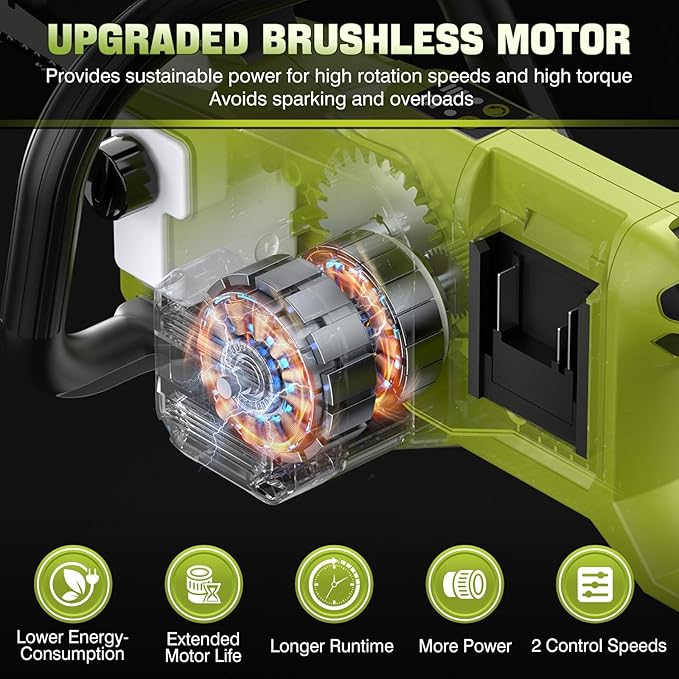 SEYVUM Brushless 40V 16 Inch Chainsaw with 2 x 4.0Ah Batteries, Electric Chain Saw Cordless with Tool-free Chain Tension, Auto Oiling, Heavy-Duty for Tree Felling, Firewood Cutting, Pruning