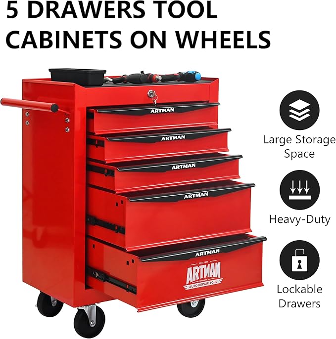 RYH 5 Drawers Rolling Tool Chest - Heavy Duty Mobile Tool Cart with Locking Wheels & Ball Bearing Drawers, ?30.5 H x 20.9 W x 13 D Garage Tool Storage Cabinet (Red, 5 Drawers)