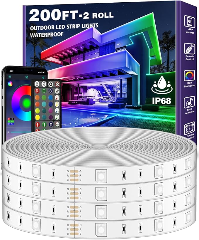 Outdoor LED Strip Lights Waterproof,IP68 Outside Led Light Strips Waterproof with Bluetooth App Remote Control,Music Sync RGB Exterior Led Rope Lights,for Balcony,Deck (200ft Outdoor LED Strip Lights)