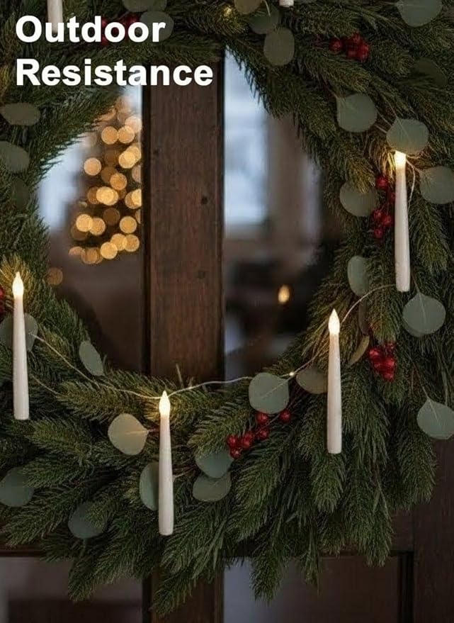 10 Hanging Christmas Tree Candle Lights, 24ft Plug-in LED Flameless Candles with Warm Glow, 8 Lighting Modes, Waterproof & Connectable for Indoor/Outdoor Holiday Decorations