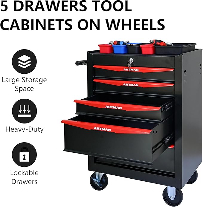 RYH 5 Drawers Rolling Tool Chest - Heavy Duty Mobile Tool Cart with Locking Wheels & Ball Bearing Drawers 30.5 H x 20.9 W x 13 D, Garage Tool Storage Cabinet (Black, 5 Drawers)