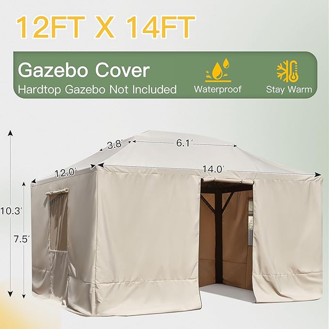 MELLCOM Winter Gazebo Cover for 12×14 Hardtop Gazebo, with Mesh Screens and Doors and Windows, Accessories for All Seasons