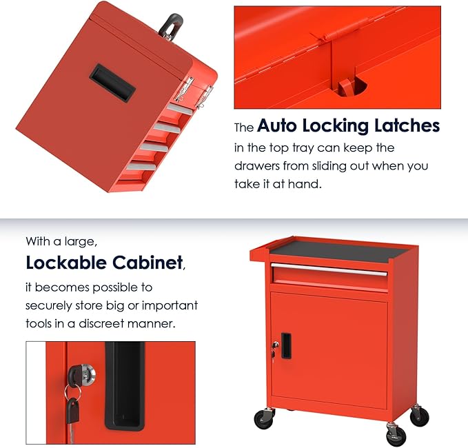 5-Drawer Rolling Tool Chest, High Capacity Removable Tool Storage Cabinet, Detachable Toolbox with Lock for Garage Warehouse and Tool Room (Red)