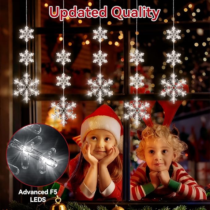 5Pcs Christmas Window Lights, Battery Powered Twinkle Lights Christmas Decorations Indoor Outdoor for Wall Door Porch Balcony Glass Decor with Suction Cup & Timer