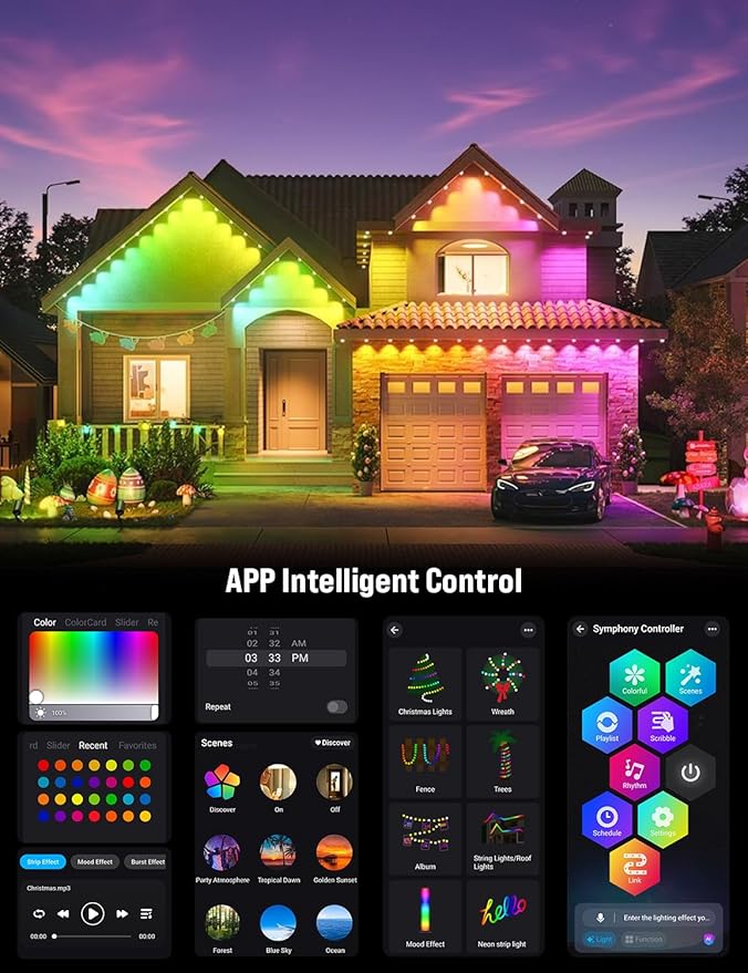 EcoNour 50 FT RGB LED Permanent Outdoor Lights | Smart Waterproof LED Eaves Lights with App & Remote Control | Music Sync, RGB Colorful Light | Alexa Smart Christmas Light for Decorations