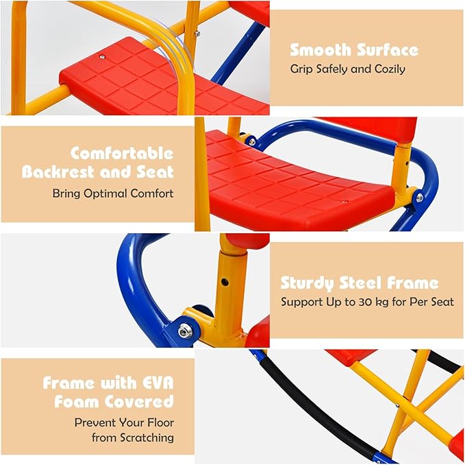 GLACER Teeter Totter Seesaw for Kids, 3-Person Metal Rocking Seesaw for Boys Girls Ages 3-8, 2 in 1 Indoor Outdoor Rocker Toy with Easy-Grip Handles, Playground Equipment for Backyard (Red)