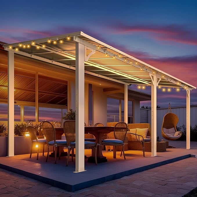 AECOJOY 16' x 8' White Gazebo Outdoor Pergola for Patio, Hard Top Lean to 8x16 Gazebo Shelter Pergolas and Gazebos Clearance with Roof, Large Wall-Mounted Heavy Duty Awnings for Patio