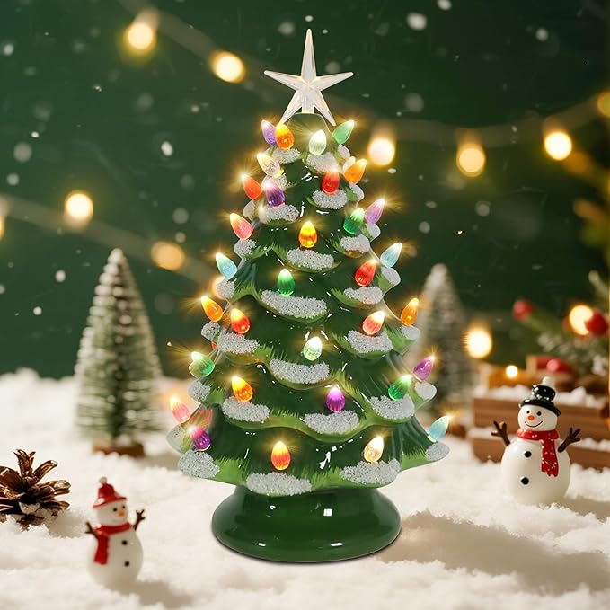 Ceramic Christmas Tree 12 Inch Tabletop Christmas Tree Vintage Christmas Decoration Battery Operated Small Green Xmas Trees with Multicolored Lights