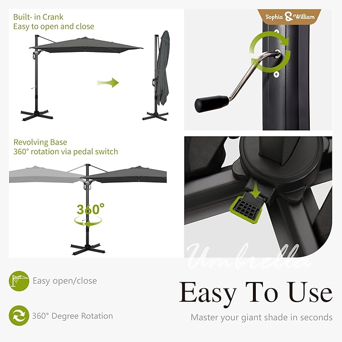 Sophia & William Cantilever Patio Umbrella 10ft, Large Square Outdoor Umbrellas with Crank Handle, 7-Level Tilt,360° Rotation, Windproof, Crashproof, Design for Pool Garden Backyard (Grey)