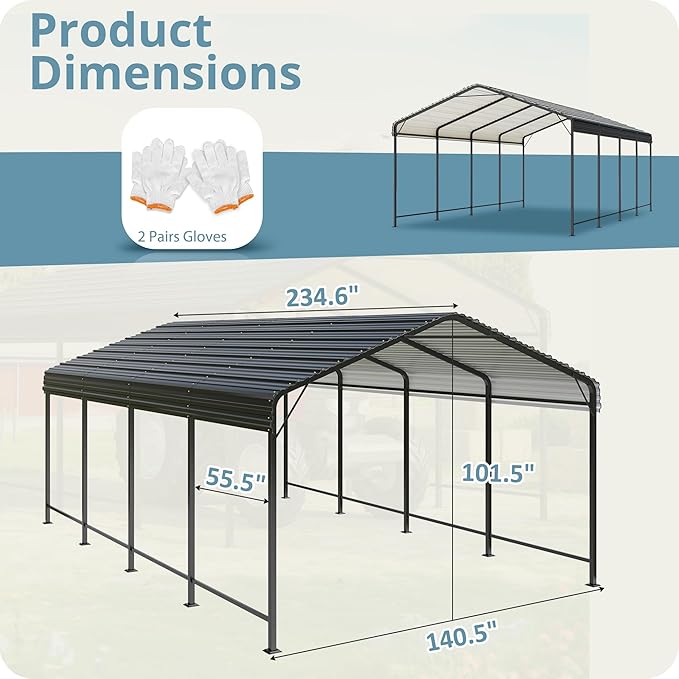 VIWAT Carport 12x20 FT Metal Carport with Enhanced Base Outdoor Heavy Duty Garage Galvanized Car Shelter for Pickup, Boat, Car and Tractors