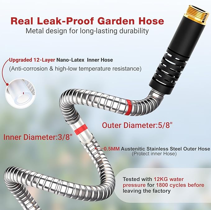 Lefree 50ft Metal Garden Hose - Heavy Duty 304 Stainless Steel Flexible Water Hose, No Kinks & Leak-Proof with Upgraded Handle, 10-Function Spray Nozzle & 4 Spare Gaskets for Yard, RV, Pet Bath