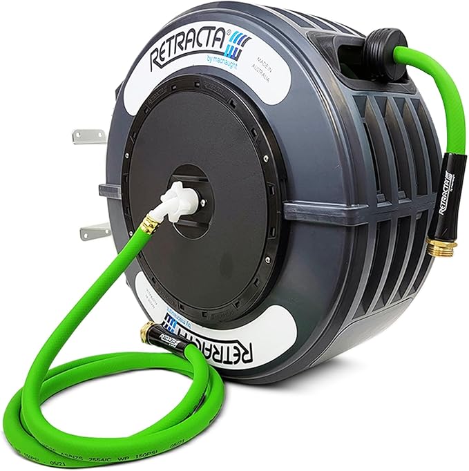 Macnaught Retractable Garden Hose Reel, 82 Ft Water Hose Reel Heavy Duty Retractable Hose with Metal 180¡Æ Swivel Rotation Bracket for Wall Mount - Gray