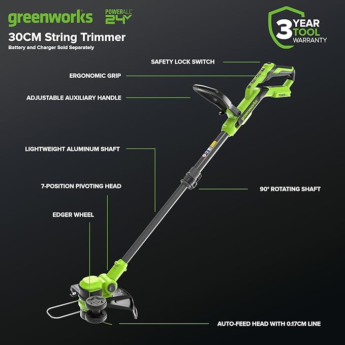 Greenworks 24V 12 Cordless String Trimmer/Edger with 20 Replacement Blades, Battery and Charger Not Included