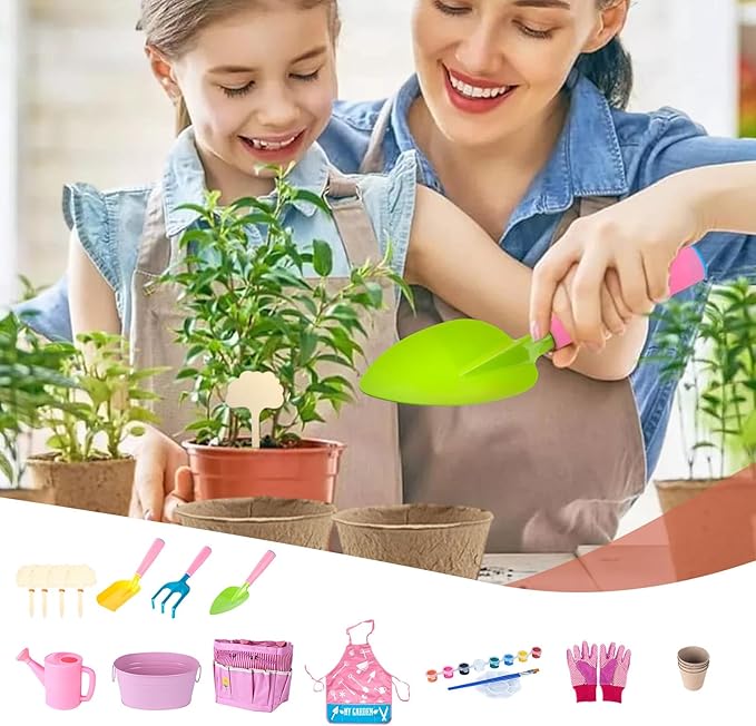 Kids Gardening Tools, 20-Piece Outdoor Garden Toy Set, Fun Child Gardening Play Kit with Watering Can, Shovel, Rake, Gloves, and Storage Bag for Boys and Girls