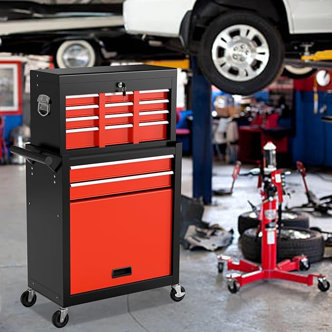 8-Drawer Rolling Tool Chest, High Capacity Removable Tool Storage Cabinet, Detachable Toolbox with Lock for Garage Warehouse and Workshop (BlackRed)