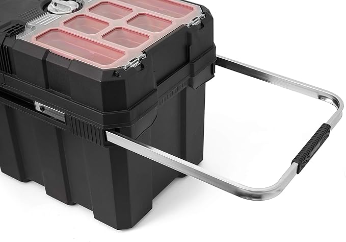 Keter Masterloader Resin Rolling Tool Box with Locking System and Removable Bins ? Perfect Organization and Storage Chest for Power Drill, Tape Measure, and Screwdriver Set, Black
