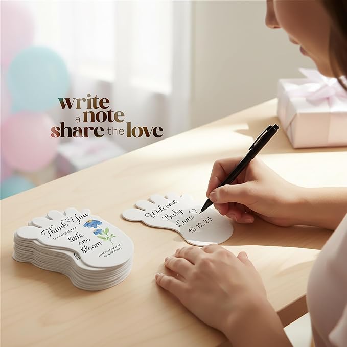 Baby Footprint Seed Paper – 24 pcs Blue Baby Shower Favors for Guests with Wildflower Seeds, Writable & Plantable, Gender Reveal, Birthday Gifts for Guest