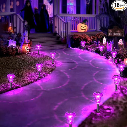 Solar Lights Outdoor, 16 Pack Mushroom Lights Outside Waterproof, Solar Powered LED Lighting for Garden, Yard, Landscape, Path, Pathway, Lawn, Walkway, Driveway, Backyard Halloween Decor (Purple)