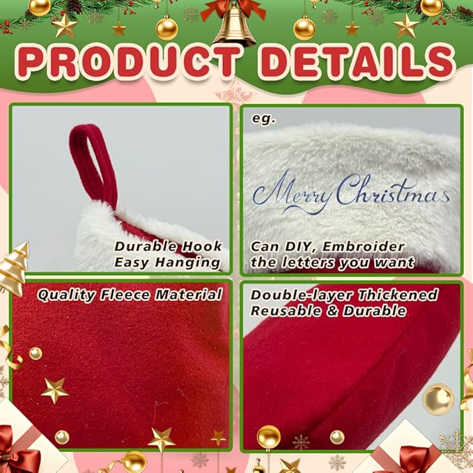 6Pack Red Christmas Stockings Traditional 20 Inch Large Vintage Christmas Stocking Polyester Plush Luxury Xmas Stocking for Family Holiday Party Decor and Xmas Tree Fireplace Mantle Pet