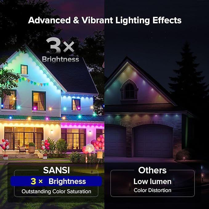 SANSI 100FT Permanent Outdoor Lights, AI Smart RGB+IC Lights 90 Scene Modes for Outside, DIY Lighting Themes for Christmas Decorations, Music Mode, IP67 Waterproof, Works with Alexa, Google Assistant