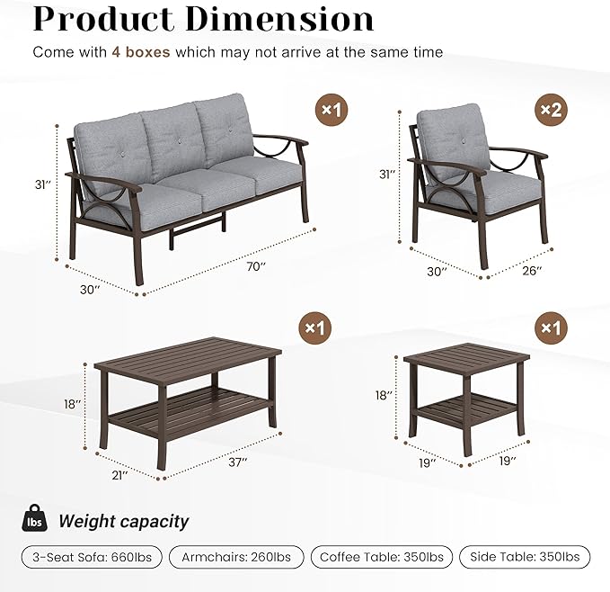 5-Pieces Outdoor Patio Furniture Set, Outdoor Metal Sectional Furniture with Cushions, Outdoor Conversation Seating Set with Coffee Table for Garden, Balcony, Deck, Backyard, Grey