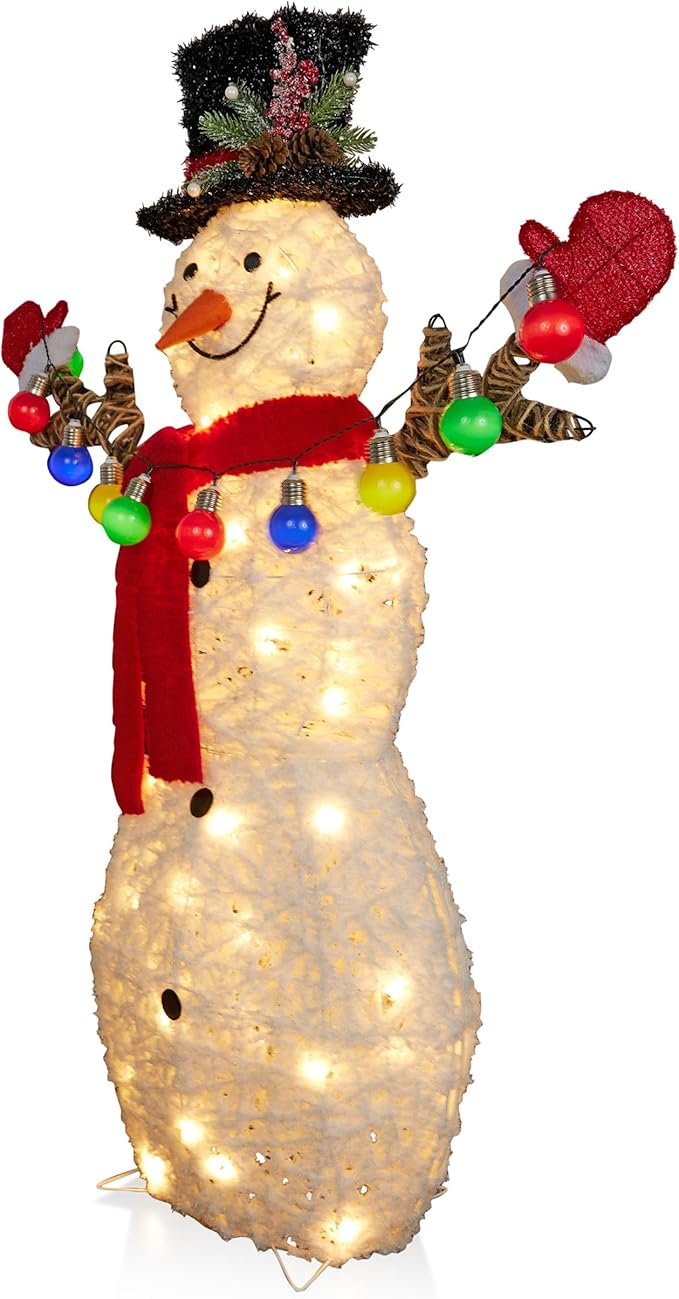 Alpine Corporation CHT972, White Mesh Fabric 3D Snowman Holding Christmas Lights with 60 Warm White LED Lights - Large 4 Feet Tall Indoor/Outdoor Holiday Décor, Christmas Decoration