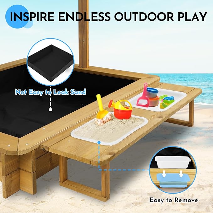 Sandbox with Lid, Outdoor Wooden Kids Sand Box with Adjustable Canopy & Two Toy Basins, Sandbox with Cover for Backyard, Beach, Gift for Kids Aged 2-8, Bottom Liner & UV-Resistant, 45''