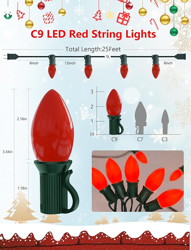 LED C9 Red Christmas Lights Outdoor, 25FT C9 LED Outdoor String Lights with 26 Shatterproof Red Bulbs, Waterproof Vintage Christmas Lights for Indoor Holiday Tree Roofline Patio Party Garden Decor
