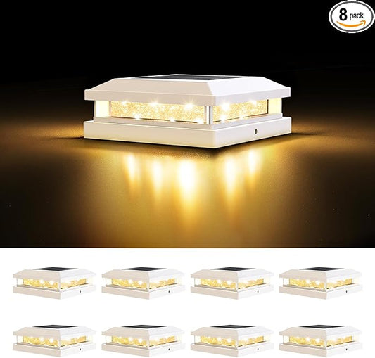Brightever 4x4 Solar Post Cap Lights Outdoor, Waterproof Solar Powered Deck Lights for 5x5 Wooden/Vinyl Post, Outside White Fence Light with 16LEDs Warm/Cool Lighting in Garden, Patio, Porch, 8-Pack