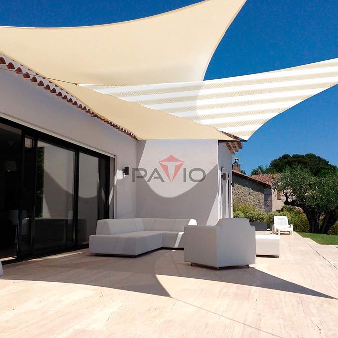 Patio Paradise 2' x 2' x 2' Sun Shade Sail Triangle Canopy Shade Cloth Fabric Sunlight Block Patio Pergola Cover HDPE Deck Awning for Outdoor Backyard Roof Shading, Beige White Strip