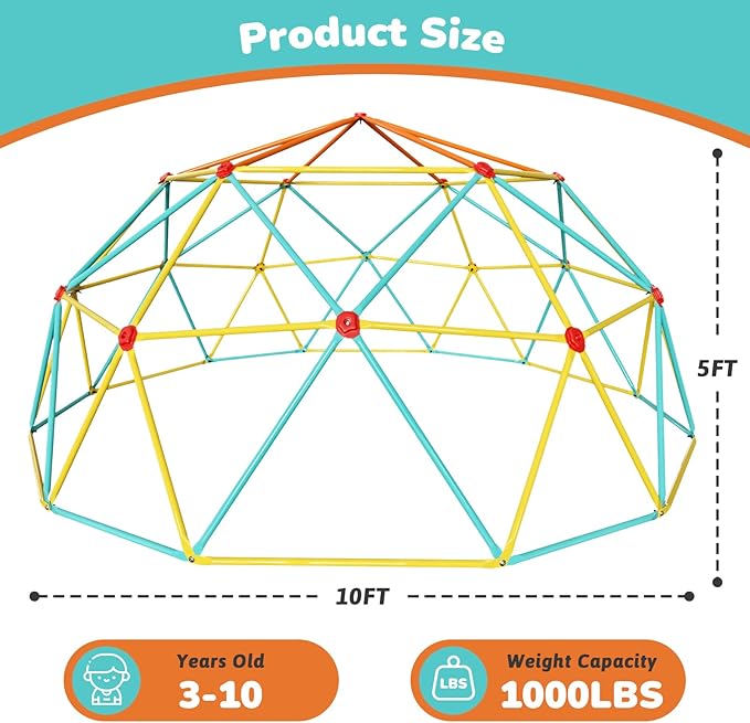 10FT Climbing Dome, Outdoor Jungle Gym for Kids- Supports 1000LBS-Anti-Rust Metal Outdoor Play Structure ASTM Approved, Easy Assembly