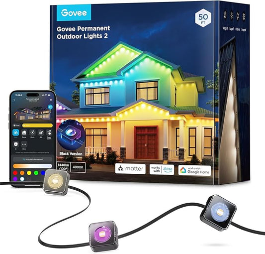 Govee Permanent Outdoor Lights 2, 50ft RGBIC Outdoor Lights with 36 LED Lights, IP67 Waterproof, 100 Scene Modes with 40lm White for Outdoor Decorations, Works with Alexa, Google Assistant, Black