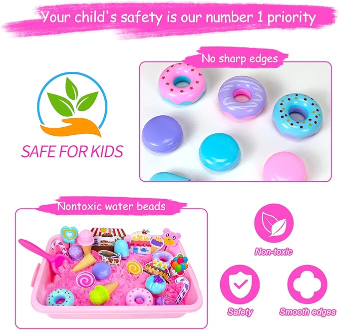 Sensory Bin, Ice Cream Play Sand Set with Magic Sand Toy for Kids, Ice Cream Toys Molds and Cleaning Tools Sandbox with Lid Sand Art Kits for Girls Toddlers Birthday Valentines Gifts