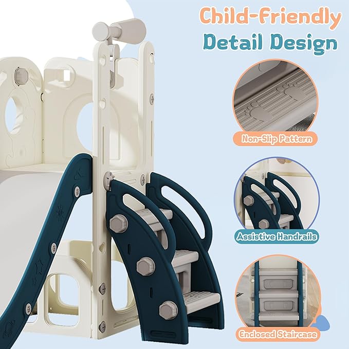 6 in 1 Toddler Slide, Kids Slider for 1-3, Indoor Outdoor Playset Playground with Basketball Hoop, Storage, Climber and Telescope, Great Gift for Baby & Child, Green and Yellow