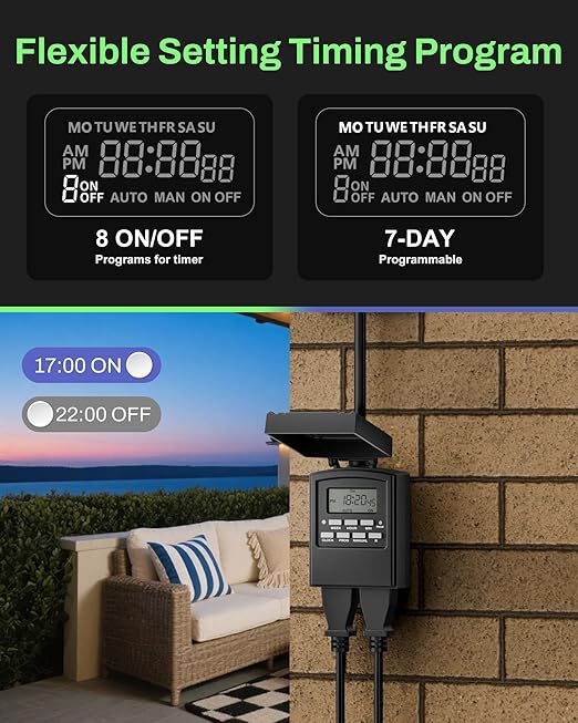 BN-LINK 7 Day Outdoor Heavy Duty Digital Programmable Timer, Outdoor Timer Outlet Waterproof, 2 Grounded Electrical Outlets for Christmas Lights, ETL Listed（2 Pack）