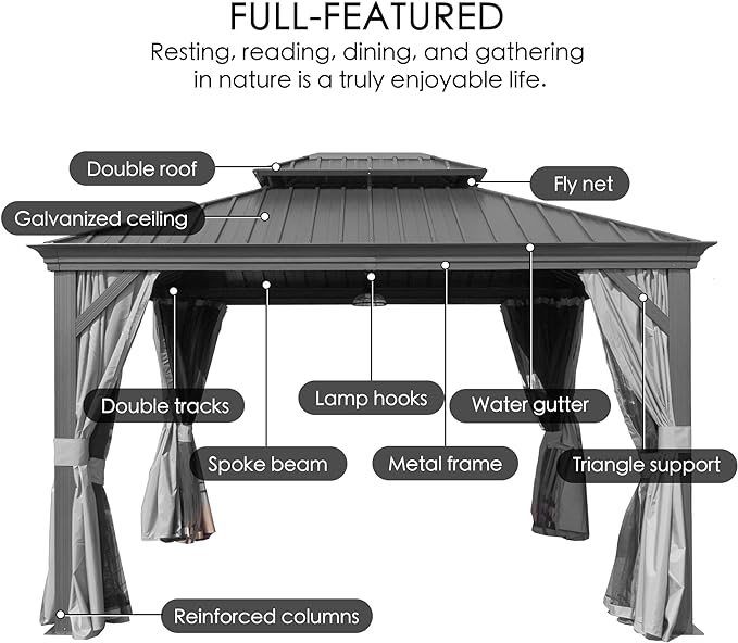 Kozyard Alexander 12' X 16' Hardtop Permanent Aluminum Metal Gazebo with Galvanized Steel Double Roof Canopy, Curtain and Netting Pavilion for Patio, Backyard, Deck, Lawn (Gray)