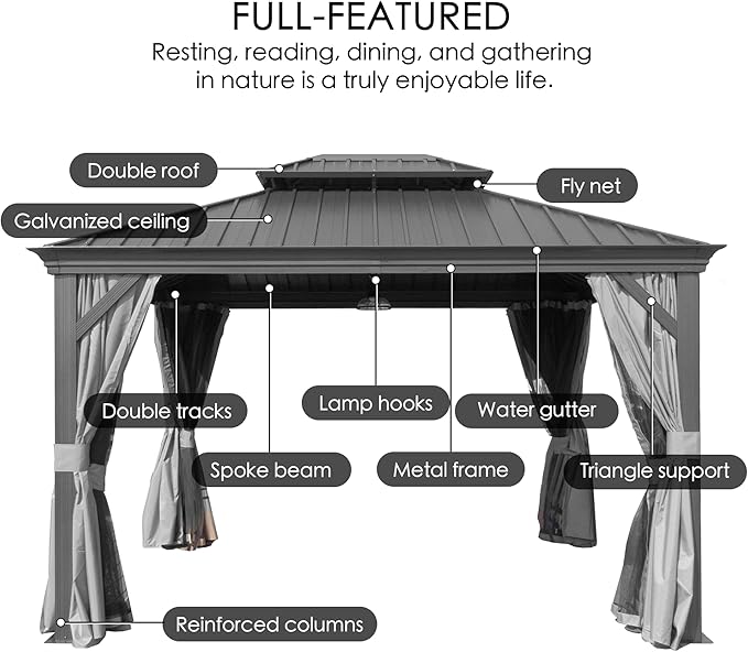Kozyard Alexander 12' X 18' Hardtop Permanent Aluminum Metal Gazebo with Galvanized Steel Double Roof Canopy, Curtain and Netting Pavilion for Patio, Backyard, Deck, Lawn (Gray)