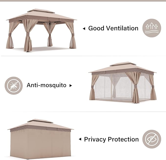 LAUSAINT HOME Semi-Permanent Patio Gazebo 10'x13' with Expansion Bolts, Outdoor Heavy Duty Party Tent Shelter with Double Roofs, Mosquito Nets and Privacy Screens for Backyard, Garden, Lawn, Khaki
