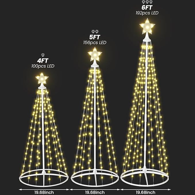 Lamerge 3pcs Christmas Cone Tree Lights(4ft+5ft+6ft), Christmas Tree Decorations Light Up Tree, 448 Warm Lights,Artificial Christmas Decorations for Indoor Outdoor Holiday Party Decor