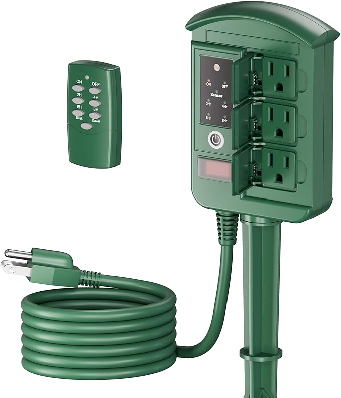 BN-LINK Outdoor Power Stake with Dusk to Dawn Timer, Waterproof 6 Grounded Outlets, 6FT Cord, 100FT Remote Control, Heavy Duty Outdoor Plug for Christmas Lights, Yard, Garden, ETL Listed