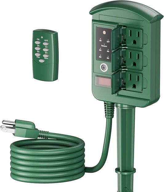 BN-LINK Outdoor Power Stake with Dusk to Dawn Timer, Waterproof 6 Grounded Outlets, 6FT Cord, 100FT Remote Control, Heavy Duty Outdoor Plug for Christmas Lights, Yard, Garden, ETL Listed