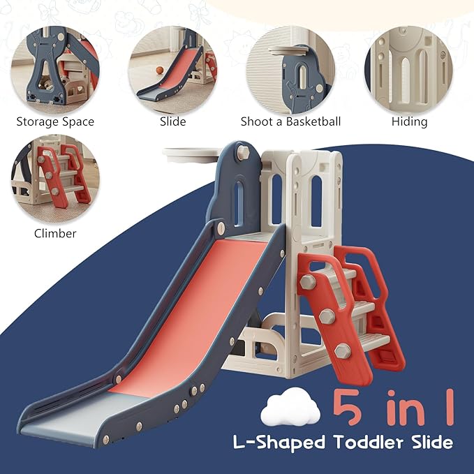 Toddler Slide,Kids Climber Slide with Storage Space and Non-Slip Steps,Indoor Outdoor Playset with Basketball Hoopa and Telescope,Slide for Toddlers Age 1-3