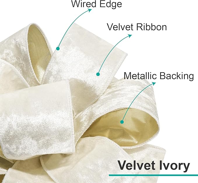 CT CRAFT LLC Ivory Velvet Metallic Backing Christmas Tree Topper Bow 11" with 4 Ribbon Streamers x 3 Yards Long Each for Holidy Elegant Fancy Home Décor Indoor