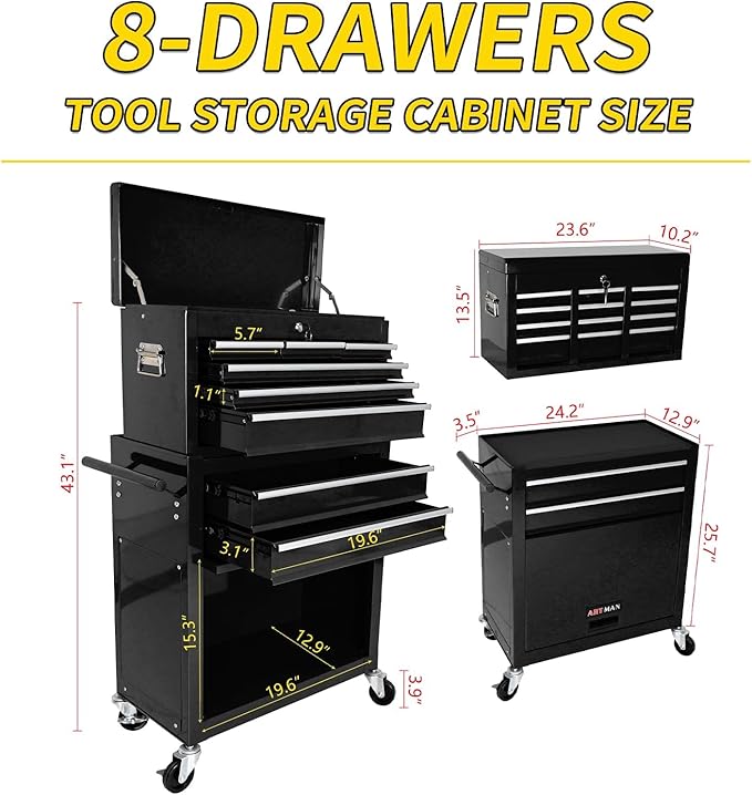 Rolling Tool Chest with Wheels, 8-Drawer Steel Tool Storage Cabinet with Lockable Top, Heavy-Duty Mobile Tool Box Organizer for Garage, Workshop & Job Site