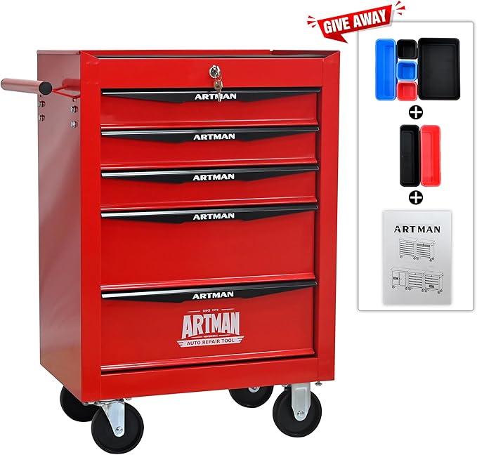 RYH 5 Drawers Rolling Tool Chest - Heavy Duty Mobile Tool Cart with Locking Wheels & Ball Bearing Drawers, ?30.5 H x 20.9 W x 13 D Garage Tool Storage Cabinet (Red, 5 Drawers)