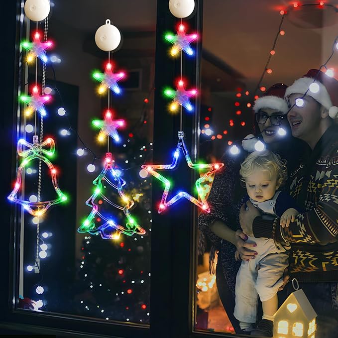 3Pcs Christmas Window Lights Decorations with Timer, Battery Powered Christmas Window Hanging Multicolor String Lighted Tree Bell Star Shaped LED Sucker for Xmas Window Fireplace Indoor Decor