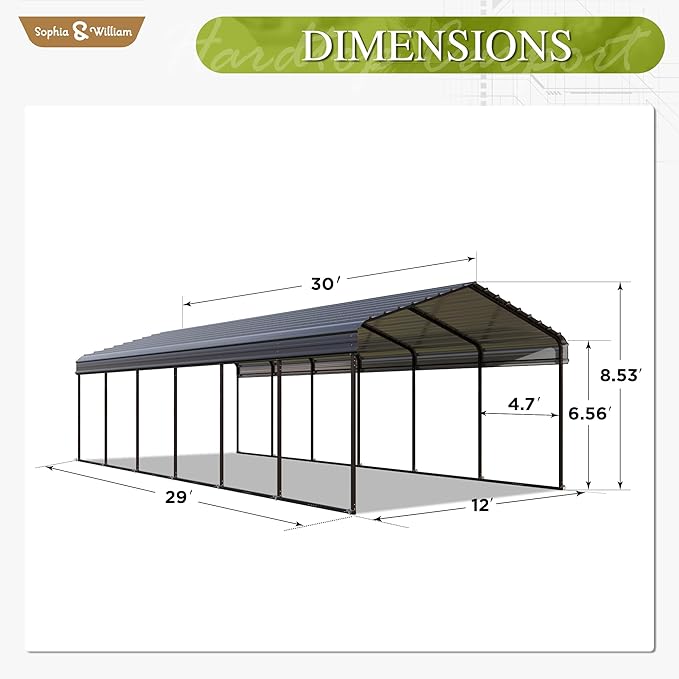 Sophia & William 12x30FT Heavy-Duty Metal Carport, All-Weather Shelter for Cars, Boats & Outdoor Gear (Galvanized Steel Roof), Dark Grey