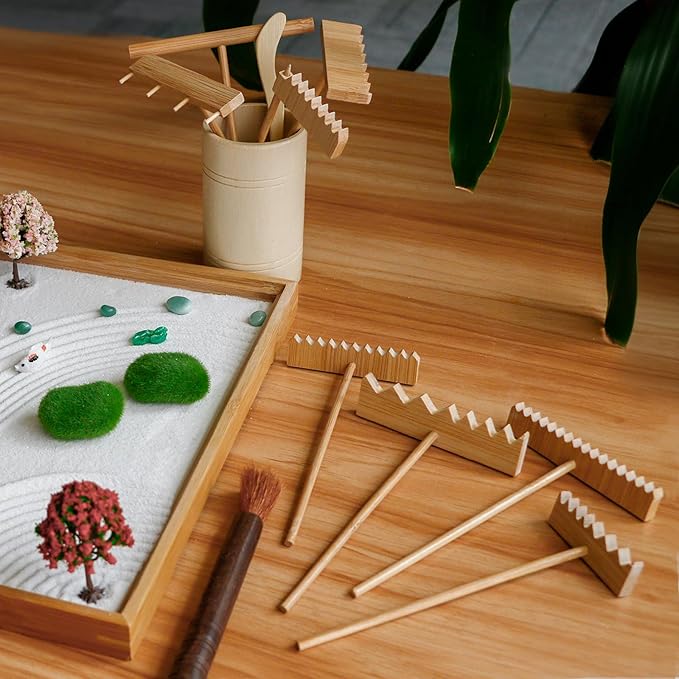 Zen Garden Tools Kit Accessories - Japanese Zen Garden Decor Zen Rake Set Mini Bamboo Rock Sand Garden Rakes Japan Zen Gift w/Healing Stone Bonsai Tree Home Office Yoga Meditation Room Zen Decor