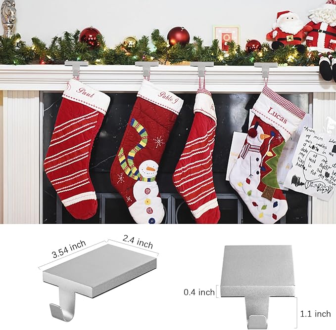 4 Pcs Christmas Stocking Holders Hanging Hooks Heavy Duty Mantel Stocking Holder Bases Weighted Metal Stocking Hangers for Shelf Fireplace Stair Xmas Party Decor (4, Silver)