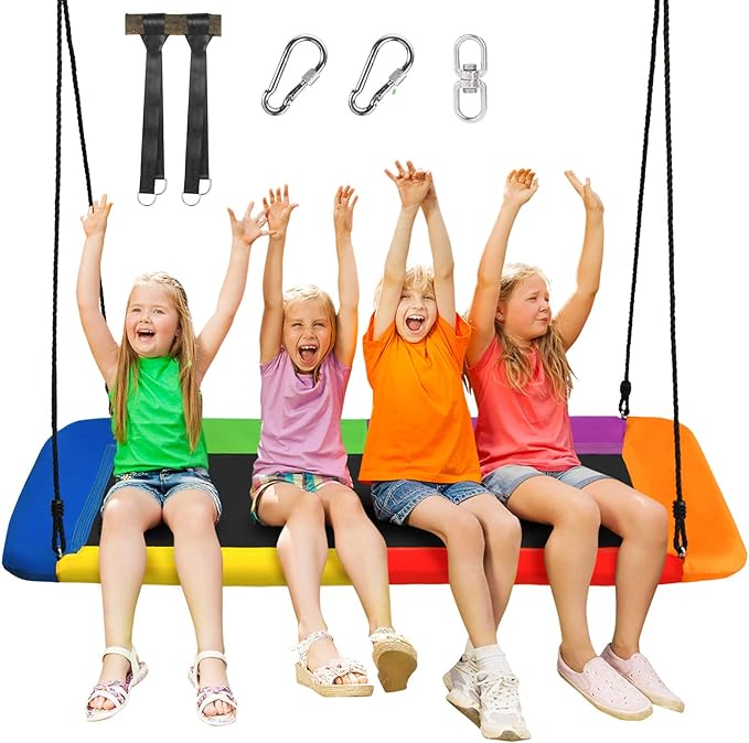 Costzon 700lb Giant 60'' Platform Tree Swing for Kids and Adults, Wear- Resistant Indoor/Outdoor Rectangle Swing with Durable Steel Frame and 2 Hanging Straps for Porch, Backyard (Rainbow)